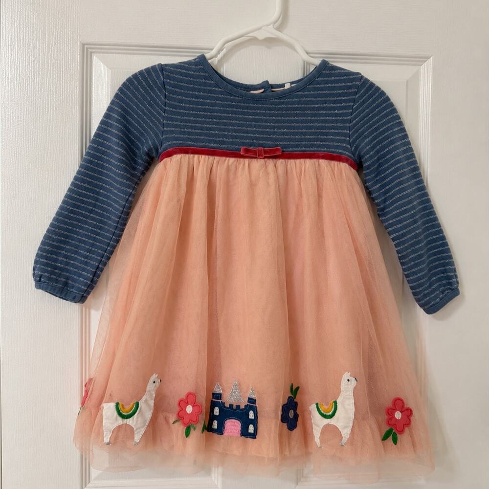 Baby Boden Girls Llama Castle Tulle Dress 12-18M Pink Blue Long Sleeve